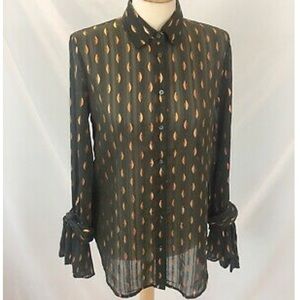 Dillon Shirt Tie Sleeve Green & Gold Button Blouse